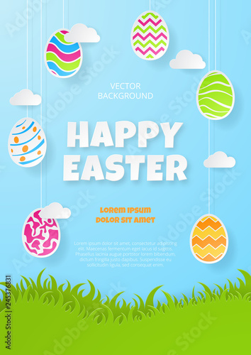 Happy easter background. Greeting Card. Paper cut style. Vector illustration