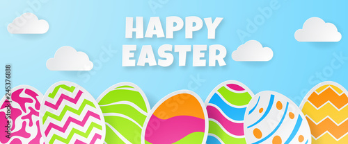 Happy easter banner template. Greeting Card. Paper cut style. Vector illustration