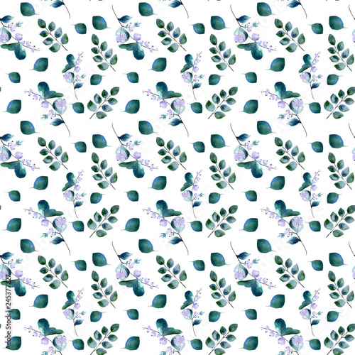 Snowberry twigs watercolor seamless pattern on white background