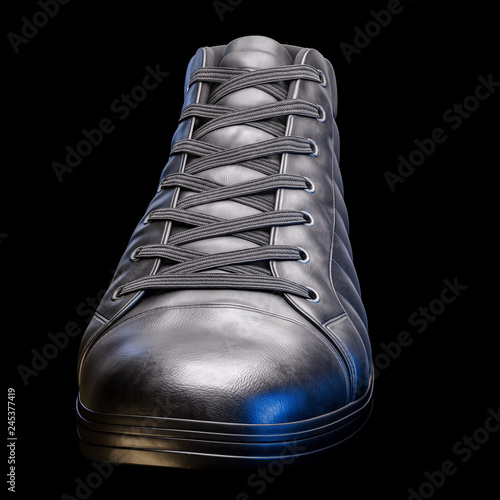 3D Realistic Render of a shoe in dark color, with a black background photo