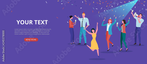 Party festive banner with people and confetti. Flat style design.