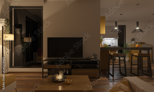 Softly Illuminated Lounge and the Kitchen 3D Rendering