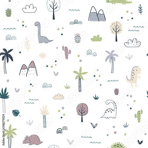 Cartoon seamless pattern with dinosaurs