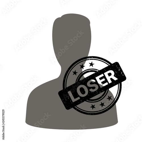 Loser labelling - male person is labelled as unpopular loser, outcast and outsider. Rubber stamp as bully attack, assault and insult. Vector illustration