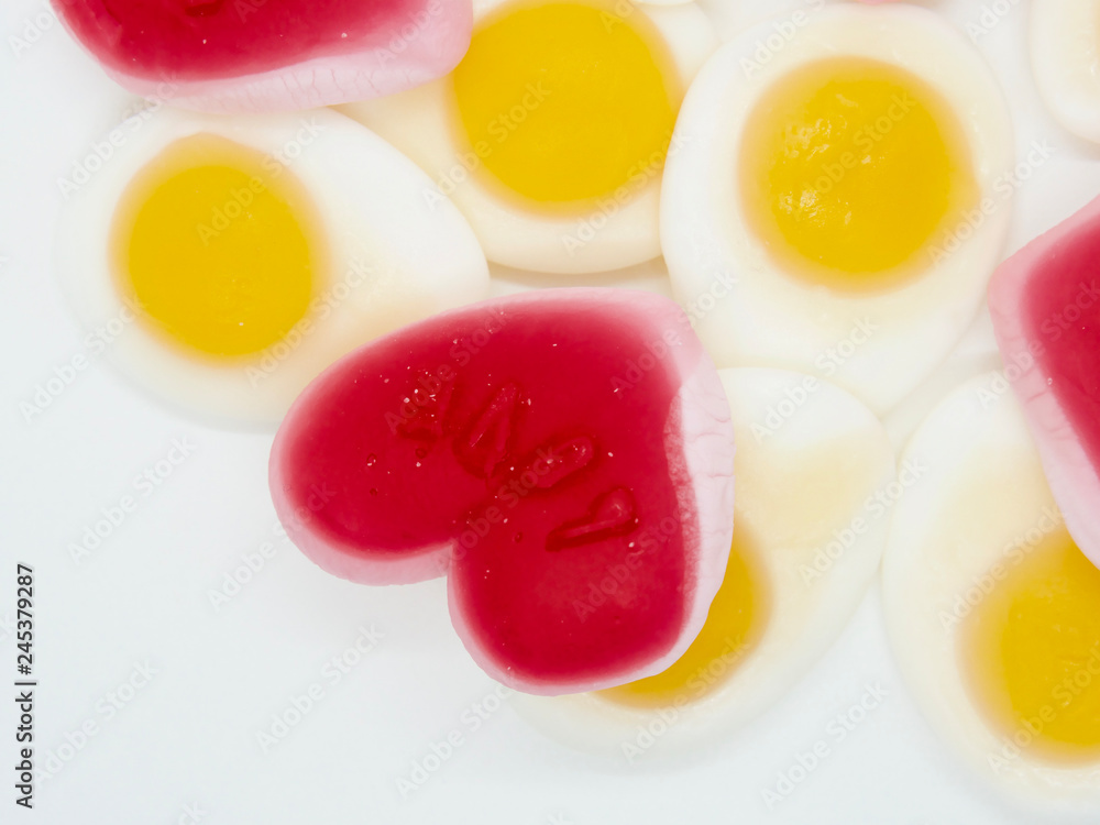 Colorful and lovely collection of sweet jelly(jelly bean, heart shaped jelly, sunny side up egg shaped jelly) Colorful and lovely collection of sweet jelly(jelly bean, heart shaped jelly, sunny side up egg shaped jelly)
