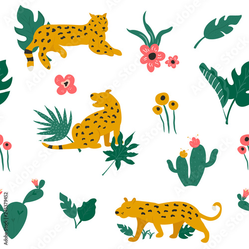 Seamless pattern with leopards and tropical leaves