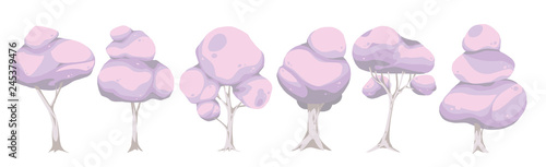 Vector illustration collection of different cute fluffy pink candycotton trees in cartoon style