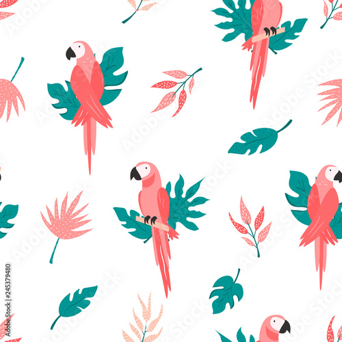 Tropical seamless pattern with birds and leaves