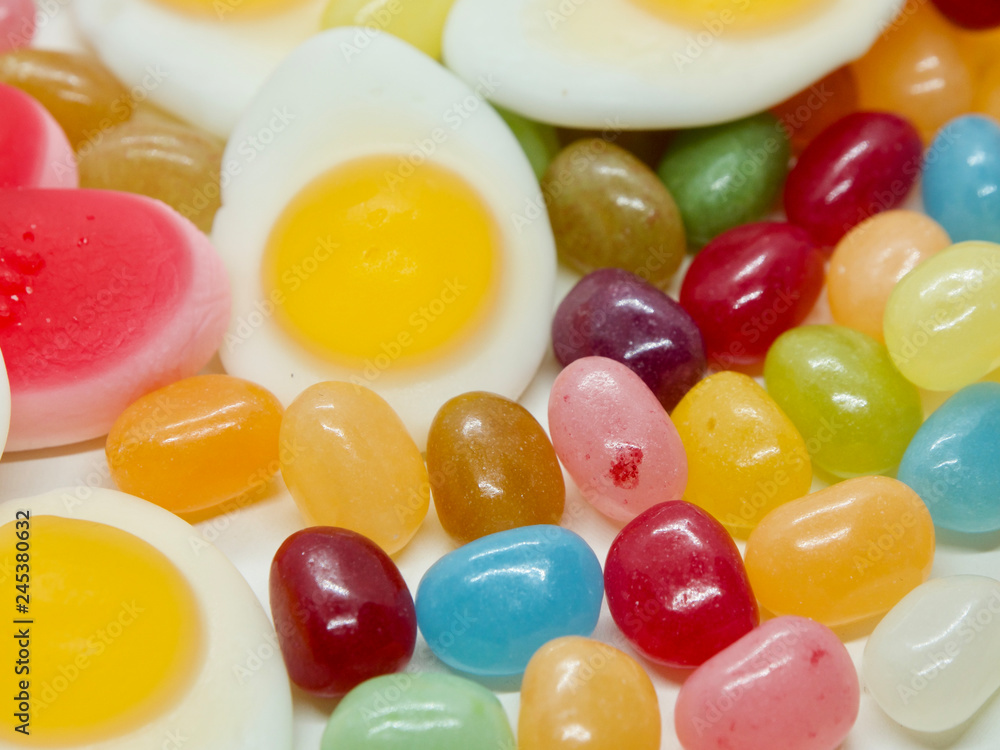 Colorful and lovely collection of sweet jelly(jelly bean, heart shaped jelly, sunny side up egg shaped jelly) Colorful and lovely collection of sweet jelly(jelly bean, heart shaped jelly, sunny side up egg shaped jelly)