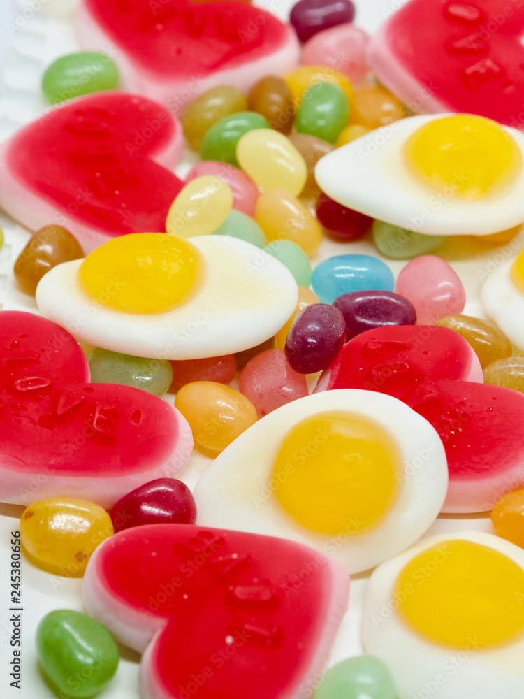Colorful and lovely collection of sweet jelly(jelly bean, heart shaped jelly, sunny side up egg shaped jelly) Colorful and lovely collection of sweet jelly(jelly bean, heart shaped jelly, sunny side up egg shaped jelly)