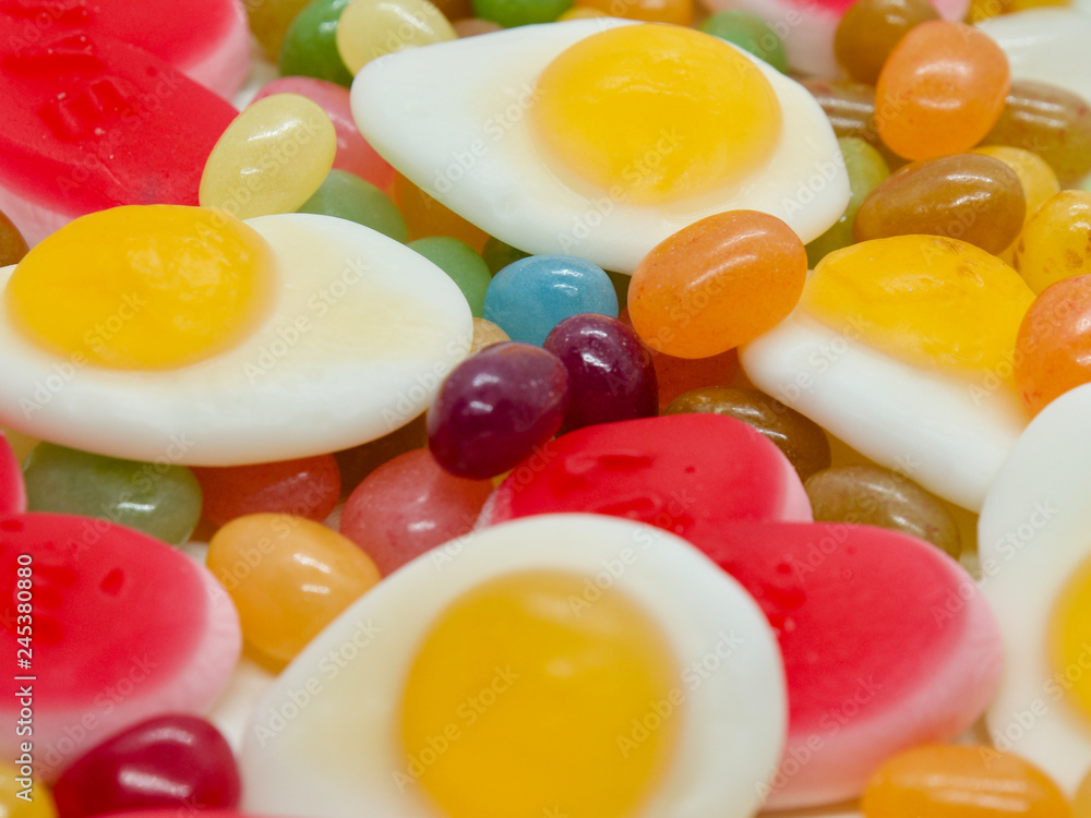 Colorful and lovely collection of sweet jelly(jelly bean, heart shaped jelly, sunny side up egg shaped jelly) Colorful and lovely collection of sweet jelly(jelly bean, heart shaped jelly, sunny side up egg shaped jelly)