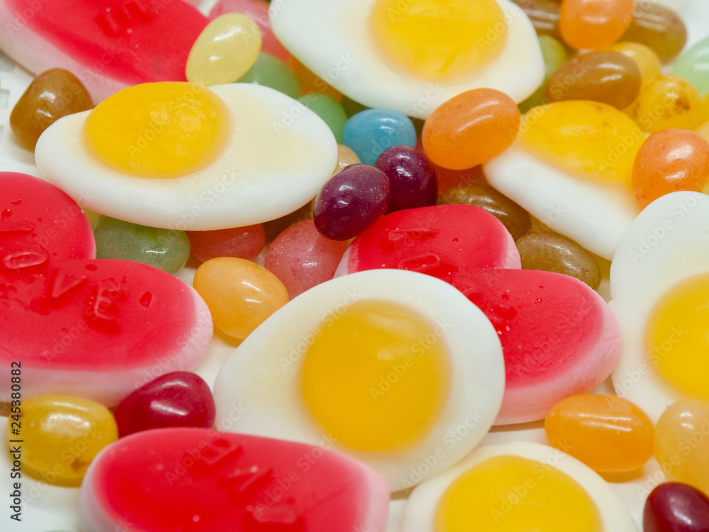 Colorful and lovely collection of sweet jelly(jelly bean, heart shaped jelly, sunny side up egg shaped jelly) Colorful and lovely collection of sweet jelly(jelly bean, heart shaped jelly, sunny side up egg shaped jelly)