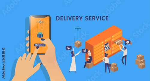 Modern flat design isometric concept of delivery service for website and mobile website with people, box, dron, phone, hand, app. Landing page template. Easy to edit and customize. Vector illustration