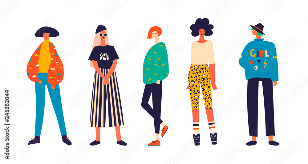 Five girls dressed in trendy clothes standing in various poses. Girl power  concept. Female cartoon characters. Hand drawn colored vector set. All  elements are isolated Stock Vector | Adobe Stock