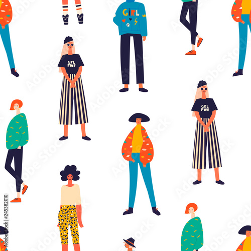 Young women dressed in trendy clothes standing in various poses. Girl power concept. Female cartoon characters. Hand drawn colored vector seamless pattern