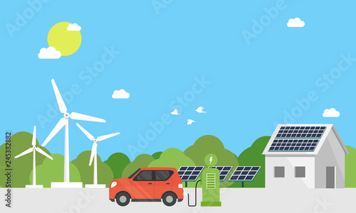 Electric cars charging at the charger station in front of the solar panels and wind turbines. City. nature. in blue background and sun. Environmentally friendly Eco green city theme.