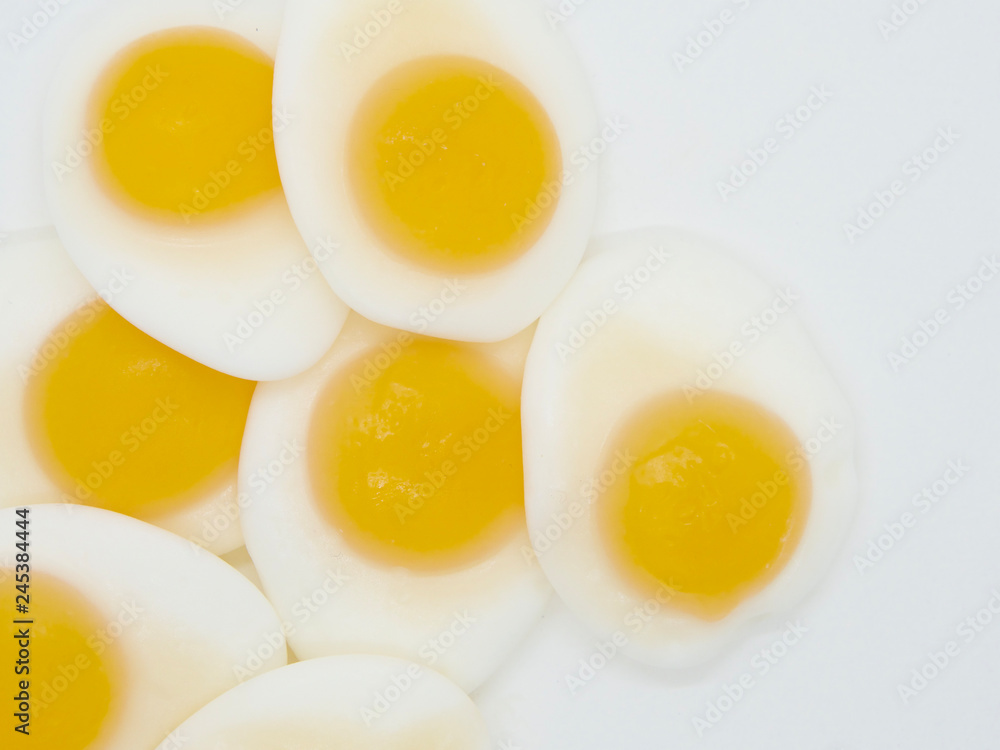 Sunny Side Up Egg Shaped Jelly on White Background Sunny Side Up Egg Shaped Jelly on White Background