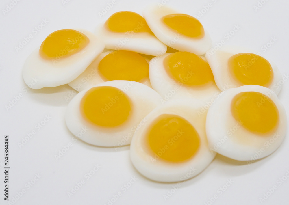 Sunny Side Up Egg Shaped Jelly on White Background Sunny Side Up Egg Shaped Jelly on White Background