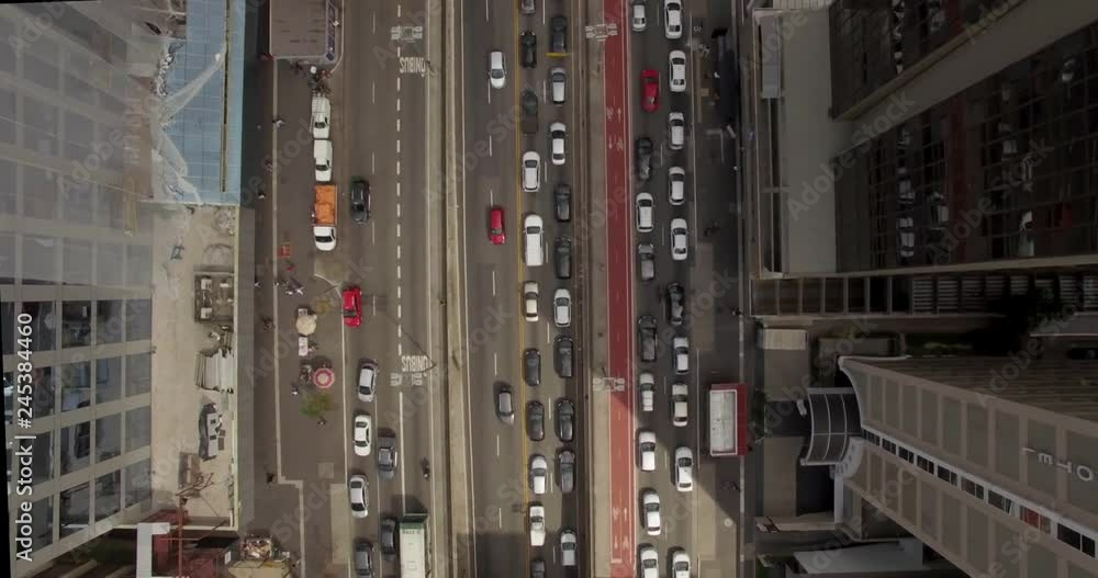 Top traffic aerial of busy layered urban avenue lined by skyscrapers on Avenida Paulista in Sao Paulo Top traffic aerial of busy layered urban avenue lined by skyscrapers on Avenida Paulista in Sao Paulo
