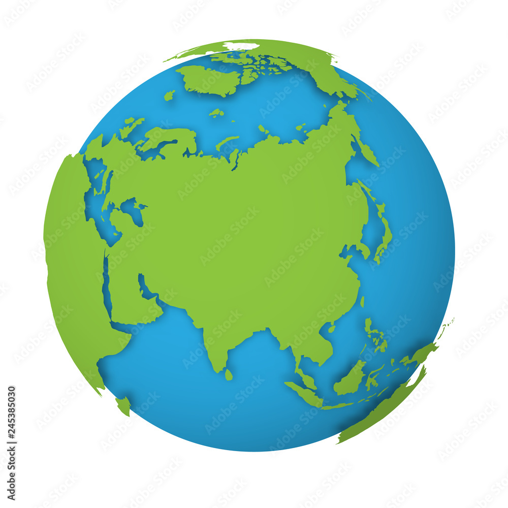 Naklejka premium Natural Earth globe. 3D world map with green lands dropping shadows on blue seas and oceans. Vector illustration
