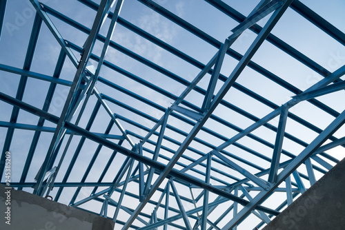 Structure of steel roof frame for building construction.