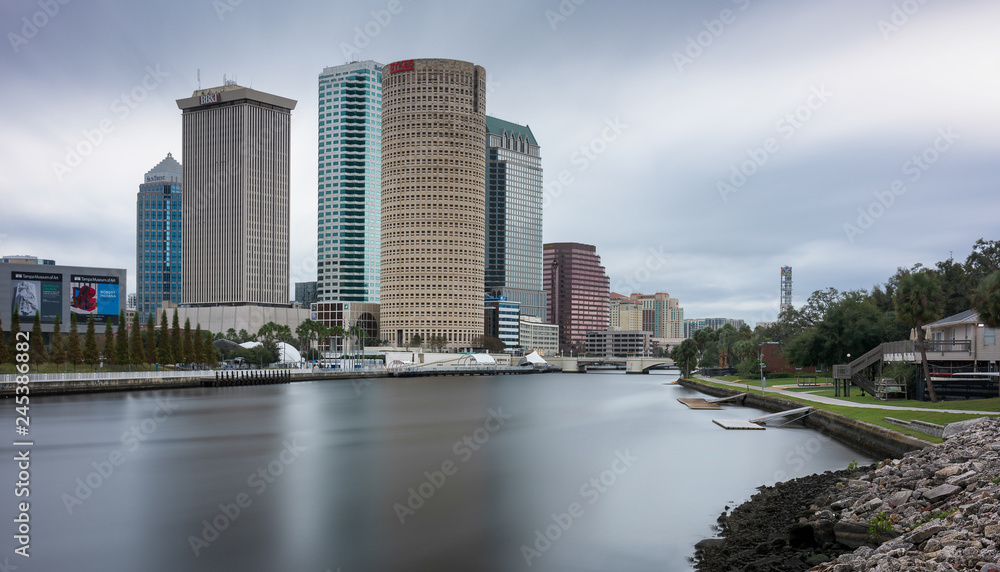 Downtown Tampa and the Hillsborough River along the Riverwalk in Tampa, Florida Downtown Tampa and the Hillsborough River along the Riverwalk in Tampa, Florida