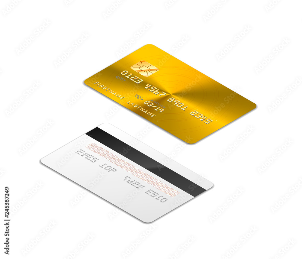 Golden realistic credit card with chip from both sides in isometric projection on white Golden realistic credit card with chip from both sides in isometric projection on white