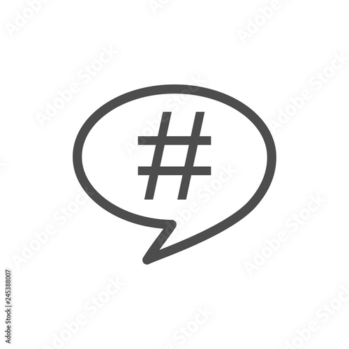 Hashtag icon in speech bubble. Vector illustration, flat design.
