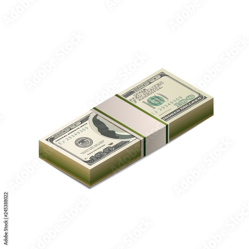 Pack of dummy one hundred US dollars banknote from front side in isometric view on white