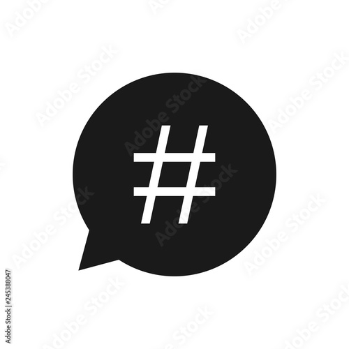 Hashtag icon in speech bubble. Vector illustration, flat design.