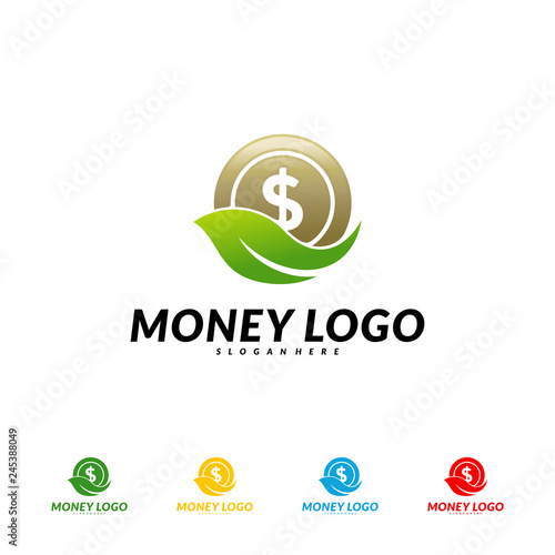 Green money logo Design Concept Vector. Coin With Leaf logo Template