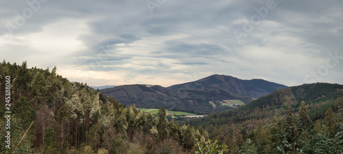 Panoramic of the mountains and Basque forests on a cloudy day