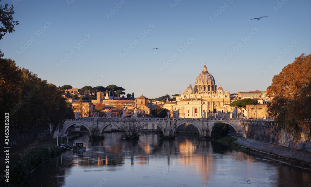 Tiber and St Peter Basilica in Vatican, sunrise time
