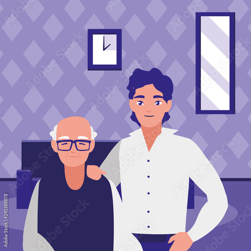cute grandfather with son characters