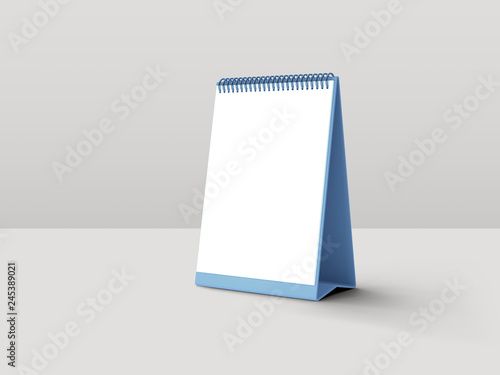 Portrait table calendar mockup with blue stand isolated on white background