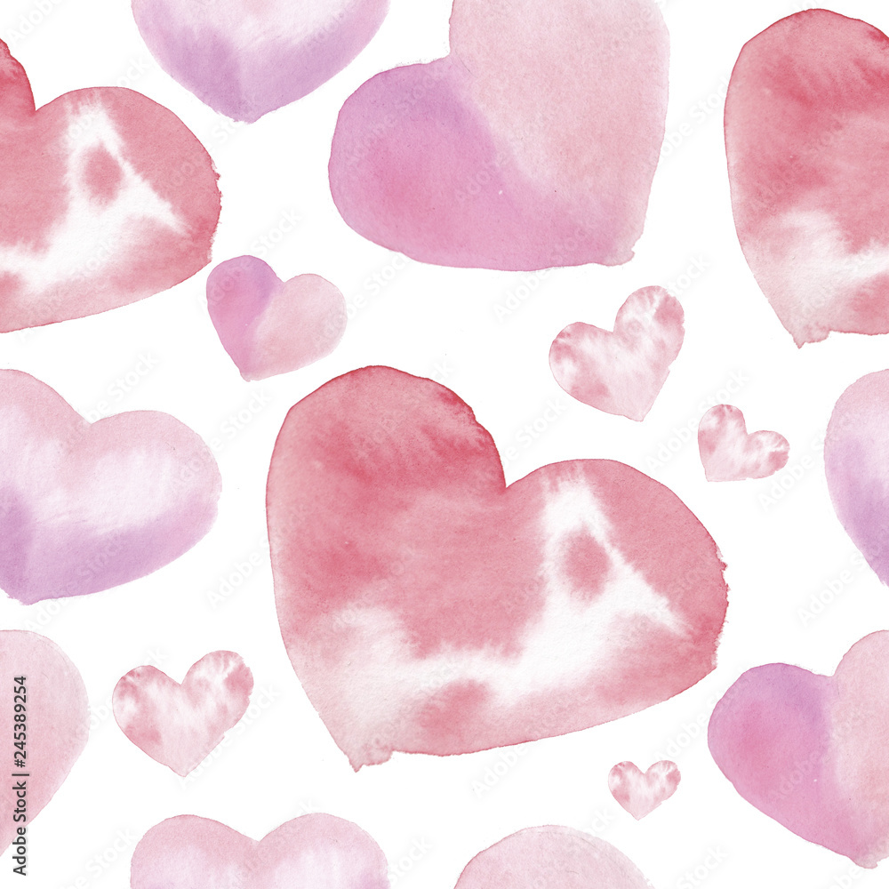 seamless watercolor pattern, pink hearts, hand-drawn, isolated on white background