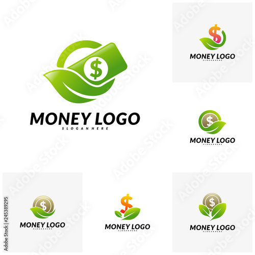 Set of Green money logo Design Concept Vector. Coin With Leaf logo Template