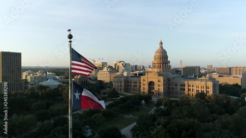 4K Austin Texas Capitol Building Orbit Aerial Sunset