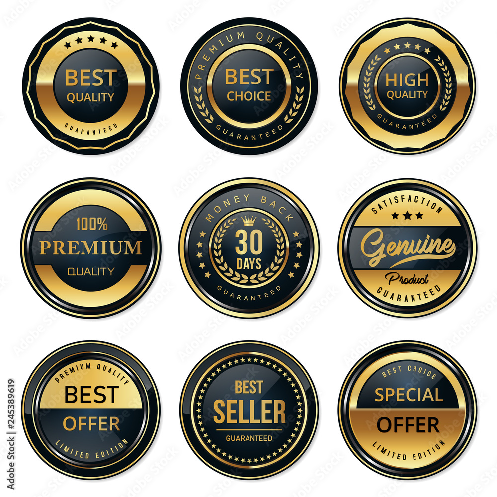 set of gold badges and labels