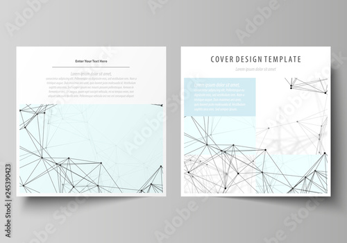 Business templates for square design brochure, flyer, report. Leaflet cover, vector layout. Chemistry pattern, connecting lines and dots, molecule structure on white, geometric graphic background.