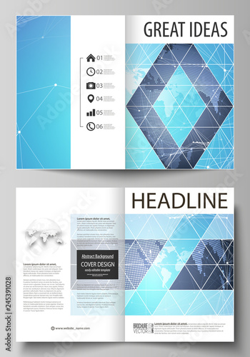 The vector illustration of the editable layout of two A4 format modern cover mockups design templates for brochure, magazine, flyer. Abstract global design. Chemistry pattern, molecule structure.