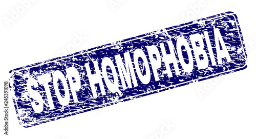 STOP HOMOPHOBIA stamp seal print with grunge texture. Seal shape is a rounded rectangle with frame. Blue vector rubber print of STOP HOMOPHOBIA caption with grunge texture.