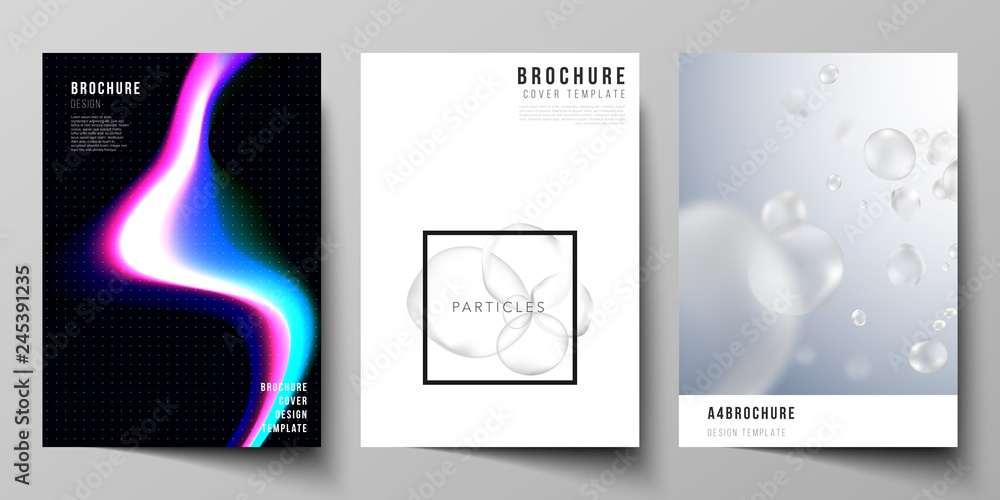 Naklejka premium Vector layout of A4 format cover mockups design templates for brochure, magazine, flyer, report. Sci-fi technology design background. Abstract futuristic or medical consept backgrounds to choose from.