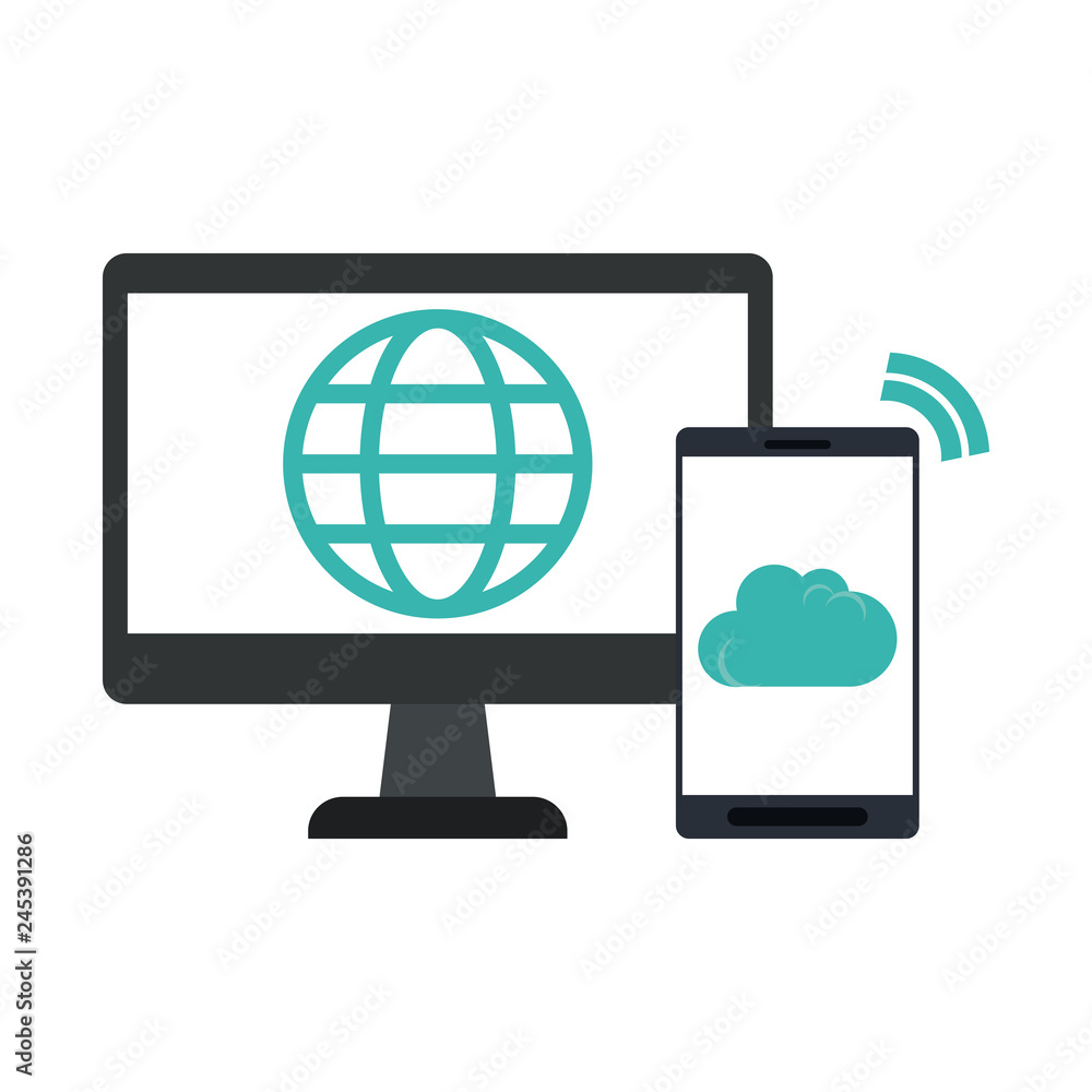 Computer screen with globe and smartphone Computer screen with globe and smartphone