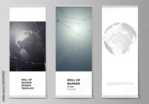 Vector layout of roll up banner stands, vertical flyers, flags design business templates. Futuristic design with world globe, connecting lines and dots. Global network connections, technology concept.