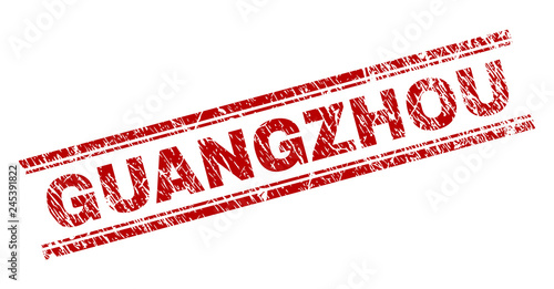 GUANGZHOU seal print with grunge texture. Red vector rubber print of GUANGZHOU tag with unclean texture. Text caption is placed between double parallel lines.