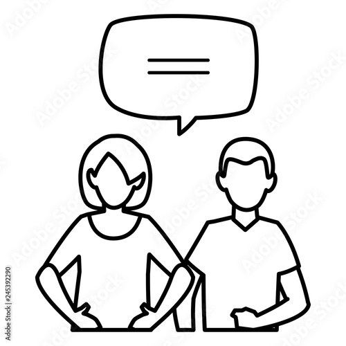 young couple with speech bubble characters