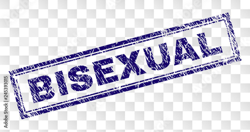 BISEXUAL stamp seal print with distress style and double framed rectangle shape. Stamp is placed on a transparent background. Blue vector rubber print of BISEXUAL caption with dirty texture.