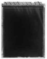Analog instant film border frame. Peel apart sprocket retro grain texture background.