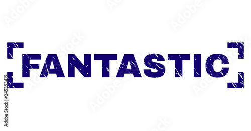 FANTASTIC tag seal print with distress effect. Text tag is placed between corners. Blue vector rubber print of FANTASTIC with unclean texture.